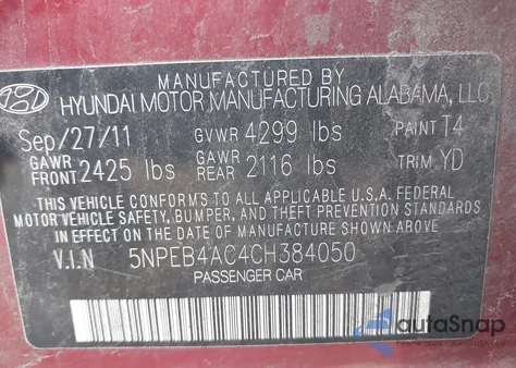 2012 Hyundai Sonata Gls z USA, uszkodzony, nr VIN 5NPEB4AC4CH384050